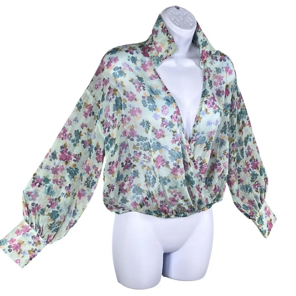 Zara NWT Womens S Floral Wrap Blouse Bell Sleeves Fairy Pastel Chiffon Crop Top - Picture 4 of 15